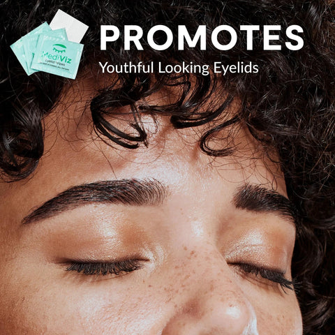 Eyelid cleanser wipes, three MediViz teal sachets, close-up of a person with eyes closed.