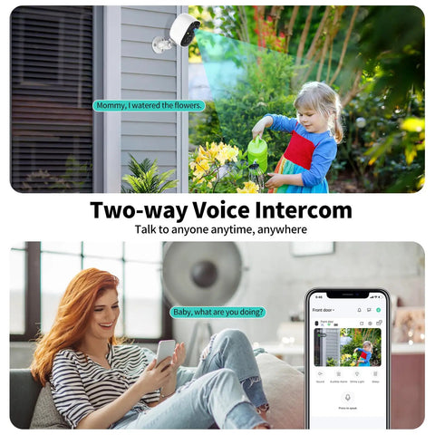 Child using watering can while 2K Wireless Outdoor Security Cameras Set Up Made Easy show video on smartphone with two-way intercom