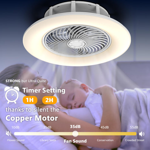 Bladeless Ceiling Fan With Light And Remote Control 22 Inch; quiet cooling in bedroom, featuring low-noise copper motor.