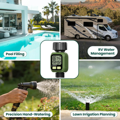 Digital Water Flow Meter For Garden Hose Three Quarter Inch GHT Flow Tracker For Real Time Rate And 7 Day Averages Single Session And Total Readouts Accurate Within About Five Percent Helps You Save Water And Cut Your Water Bill., green digital water meter for pool filling, RV water management, hand watering, lawn irrigation