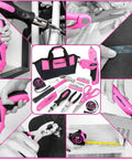 Pink Tool Set for Women 122 Piece with 3.6V Rotatable Electric Screwdriver, round pouch, tools for home repairs and DIY projects.