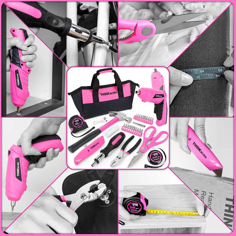 Pink Tool Set for Women 122 Piece with 3.6V Rotatable Electric Screwdriver, round pouch, tools for home repairs and DIY projects.