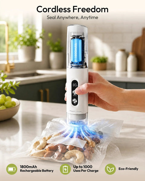 Handheld Vacuum Sealer Keeps Food Hella Fresh With Auto And Manual Modes For Wet And Dry Use, sealing nuts in a bag.