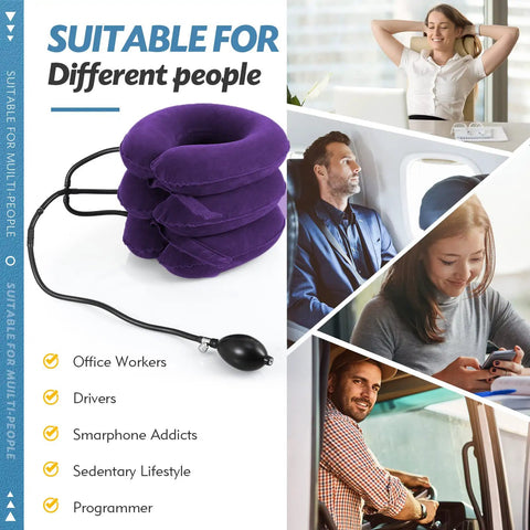 Purple Jaximy inflatable neck traction device for serious pain relief, ideal for different users like office workers and drivers.