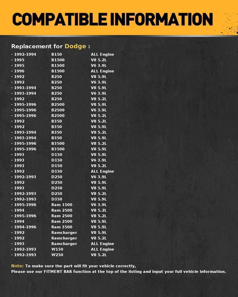 Compatibility chart for Dodge vehicles listing supported models and engine types for parts from 1992 to 1998.