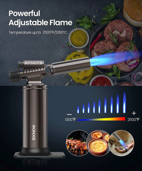 Butane Torch Lighter With 25g Gas Capacity Refillable Blow Torch displaying adjustable blue flame for cooking and DIY projects.