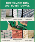 Heavy Duty Pet Strap Kit With Manual Tensioner For Bulletproof Pallet Wrapping shown securing various packing materials like steel, wood, and ceramics.