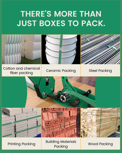Heavy Duty Pet Strap Kit With Manual Tensioner For Bulletproof Pallet Wrapping shown securing various packing materials like steel, wood, and ceramics.
