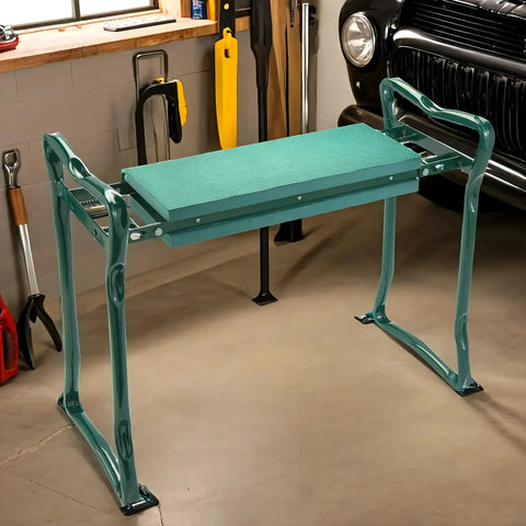 Garden Kneeler And Seat Flip Bench For Comfortable Outdoor Gardening With Thick Foam Cushion Sturdy Lightweight Frame Handy Handles To Stand Up Easy Converts From Kneeler To Seat In Seconds For Cushioned Kneeling Or Sitting in garage setting.