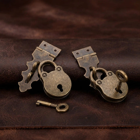 Two Pack Bear Shaped Iron Hasp Latch Lock Set For Tool Boxes And Small Chests displayed with keys
