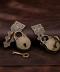 Two Bear Shaped Antique Lock Buckle Hasps with keys on leather, iron finish, for antique furniture restoration