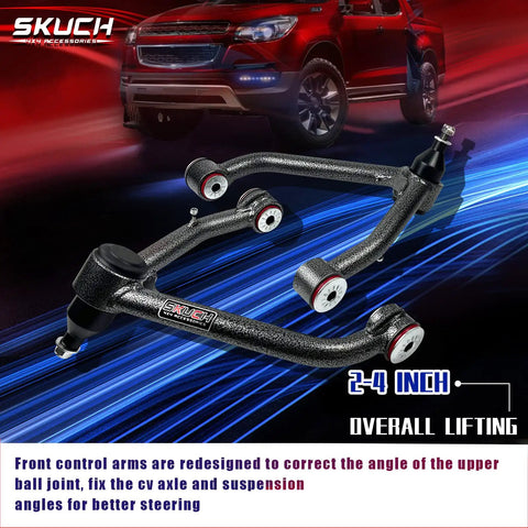 Two To Four Inch Front Upper Control Arm Lift Kit For 2007 To 2018 Chevy Silverado And GMC Sierra 1500, Suburban 1500, Tahoe Yukon XL, And Cadillac Escalade ESV With Factory Forged Steel Arms Only.