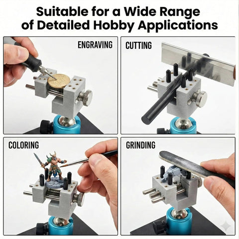 Killer Mini Vise Tabletop Clamp With 360 Degree Rotating Spherical Base and Sick Grip for engraving, cutting, coloring and grinding tasks.