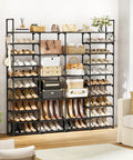 Extra Large 4 Row 10 Tiers Metal Shoe Rack Heavy Duty Organizer For Closet Entryway Garage Holds 72 To 80 Pairs Of Kicks Tall Stackable Shoe Shelf Black in living room with shoes and accessories displayed.