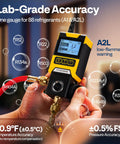 Digital HVAC Manifold Gauge Kit With Wired Temperature Probe Dual Hoses For R134a R410a R32 R1234yf R454B on display, hand-held