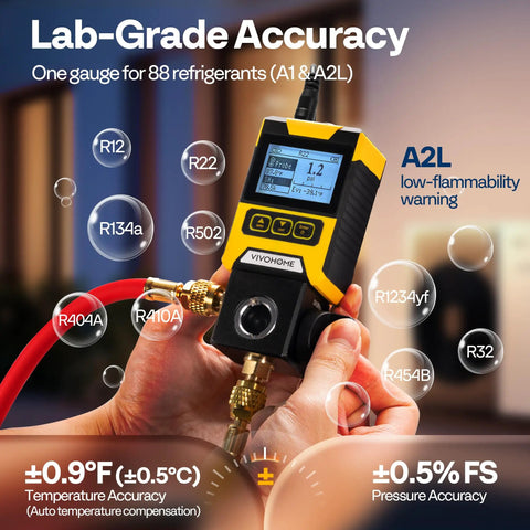 Digital HVAC Manifold Gauge Kit With Wired Temperature Probe Dual Hoses For R134a R410a R32 R1234yf R454B on display, hand-held