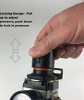 Hand adjusting Three-Eighths Inch Air Filter Regulator Combo With Gauge For Pneumatic Lines Heavy-Duty 40 Micron Brass Filter Element.