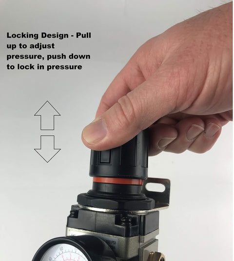 Hand adjusting Three-Eighths Inch Air Filter Regulator Combo With Gauge For Pneumatic Lines Heavy-Duty 40 Micron Brass Filter Element.