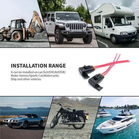 Various vehicles shown with Kickass Rig Ready IP67 Waterproof Inline ATO ATC Blade Fuse Holder 30 Amp with secure cover.