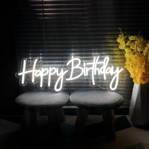 Birthday Neon Sign LED Wall Backdrop 23.6x9.45 Inches custom party light on stools with flowers, ideal for decor.
