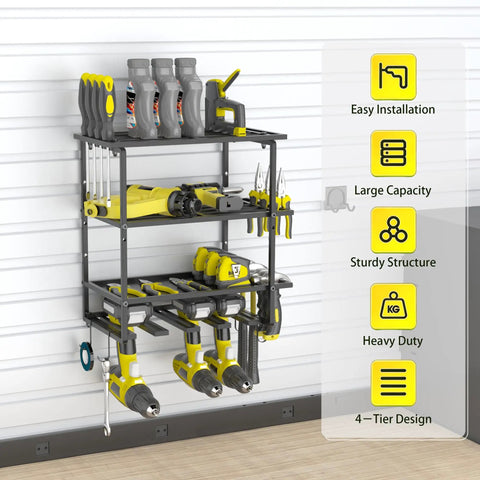 Must Have 4 Layer Power Tool Organizer Wall Mount With Heavy Duty Metal Shelves Cordless Drill Holder And Screwdriver Tray 300 Lb Capacity Space Saving Garage Storage Rack For Tools And Chargers