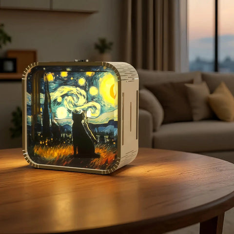 3D Wooden Puzzle Night Light For Adults And Teens, Dope DIY Craft Kit With Touch Light, Christmas And New Year Desk Decor, Van Gogh Cat Design