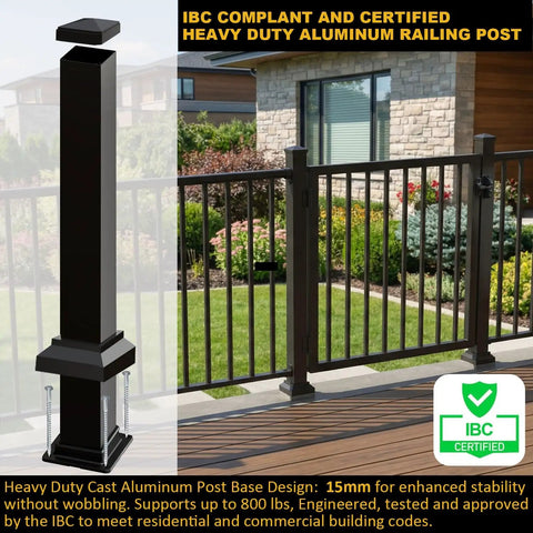 Heavy Duty Three By Three Inch Aluminum Railing Post Built For Porches And Decks Holds Up To 800 Lbs Textured Black Powder Coat AAMA2604 IBC Compliant 39 Inch Height