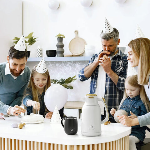 Family party with Thermal Stainless Steel Coffee Carafe With Double Wall Vacuum Insulation 68 Ounces Heat And Cold Retention Beverage Dispenser BPA Free SUS304 18 8 Steel White Gold Finish Office And Home Use Party Ready on table