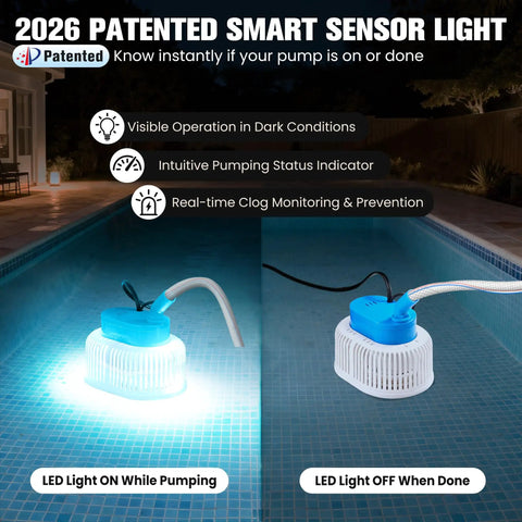 Upgraded Pool Cover Pump For Above Ground Pools With LED Lights Submersible Water Removal Pump For Pool Draining 850 GPH in use at night