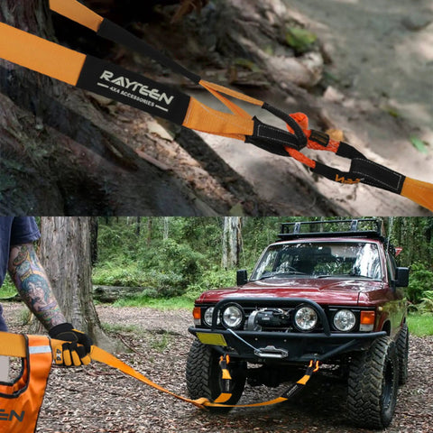 4x4 Off-Road Recovery Kit With 33,000lbs Tow Strap 20ft in use with a 4x4 vehicle, showing tree saver attachment