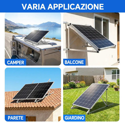 Four views of 45 Inch Adjustable Solar Panel Mount Brackets With Tilt For 100 To 400W Panels, used on RV, balcony, roof, and garden.