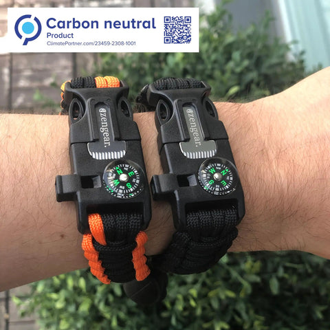 Two Pack Paracord Survival Bracelet Set With Flint Fire Starter Loud Whistle Compass Mini Saw Waterproof Paracord Five In One Gear Adjustable Seven To Nine And A Half Inch Wristbands For Camping Bushcraft And Emergency Prep Black And Orange.