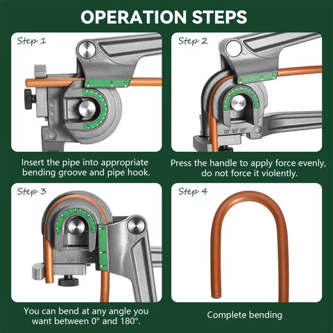 Operation steps for 3 In 1 Tubing Bender For 1/4 Inch, 3/8 Inch, 1/2 Inch O D Copper And Aluminum Tubes, showing steps 1 to 4.