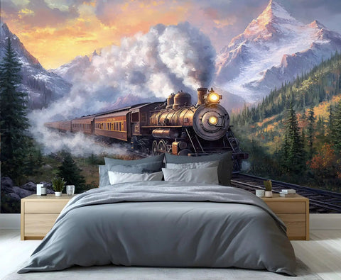 Epic Steam Train Wall Mural With 3D Mountain Landscape, Retro Locomotive Adventure Theme For Living Room Or Bedroom