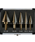Five Piece HSS Titanium Coated Step Drill Bit Kit with 50 Size Options in Aluminum Case