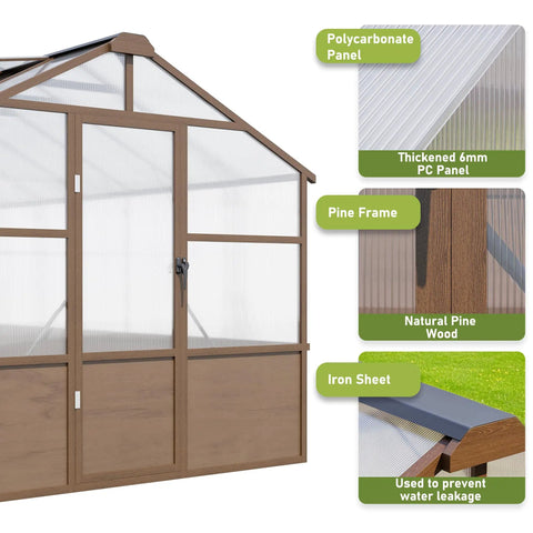 8x14 Ft Wooden Greenhouse For Outdoors With Walk In Design Polycarbonate Panels Lockable Door Roof Vent Heavy Duty Pine Frame Brown Garden Backyard Greenhouse For Outside with materials detail.