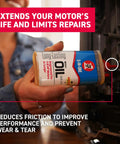 Person holding Small Electric Motor Oil 3 Oz Lubricant For Tiny Motors SAE 20 Equivalent near motor, showing extended wear protection benefits.