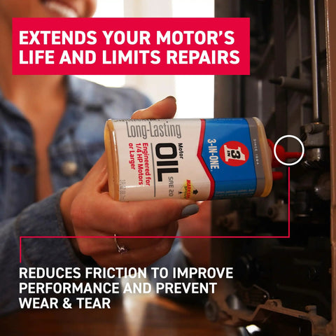 Person holding Small Electric Motor Oil 3 Oz Lubricant For Tiny Motors SAE 20 Equivalent near motor, showing extended wear protection benefits.