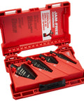 Four Piece Step Drill Bit Set With Thirty One Hole Sizes HSS Black Oxide Finish For Metal And Wood Milwaukee Made In The United States Pro Grade Hole Size Range From One Eighth Inch To One And Three Eighths Inches in red plastic case.