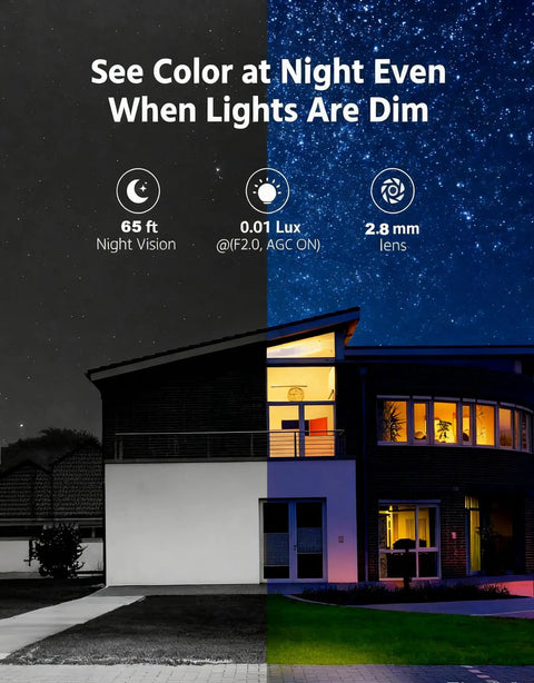 5MP Color Vu Full Color Night Vision Vandal Dome PoE IP Camera Outdoor 2.8mm Wide Angle H265 IP67 Waterproof NVR Ready Requires NVR For Operation Not Standalone showing night vision capabilities of a home.