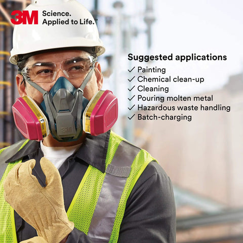 Worker wearing P100 Respirator Cartridge 60926 Pair NIOSH Approved For Organic Vapors Acid Gases Ammonia Formaldehyde in factory