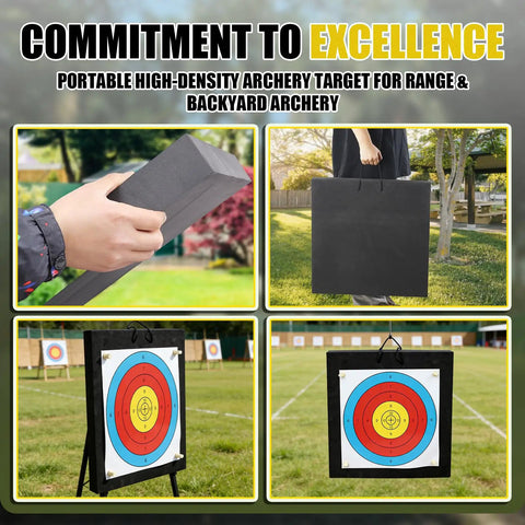 Archery Target For Backyard Practice, 19.7 Inch Square, 2 Inch Thick Foam Target with EVA Material, shown in various usage scenarios.