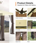 Beige 10x10 Patio Gazebo Tent With Removable Netting Outdoor Canopy Shelter For Garden Backyard Deck And Lawn 100 Sq Ft Shade Portable Easy Setup Not A Permanent Structure Great For BBQs And Chill Sessions. Details include connectors, curtains, drain hole, and zipper.