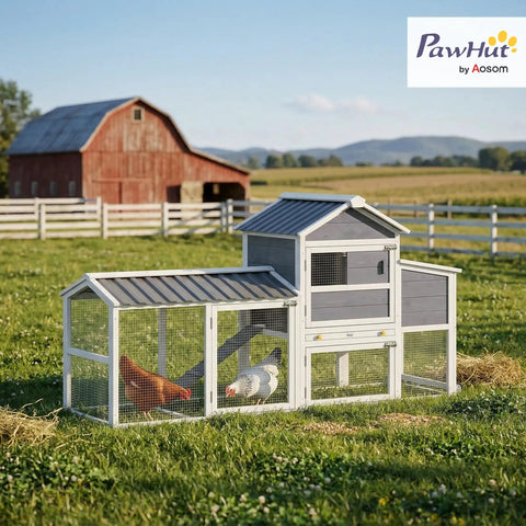 Portable Chicken Coop On Wheels With Run 80 Inch Long Wooden Hen House With Nesting Box Removable Tray And Ramp For Two To Three Hens Outdoor Poultry Cage In Gray Easy To Move in grassy field