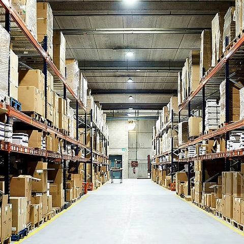Warehouse aisle illuminated by 1000W Equivalent LED Corn Light Bulbs 2 Pack 5000K Daylight White 100W LED per Bulb E26 E39 Base