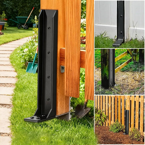 Heavy Duty Fence Post Repair Kit With Rust Resistant Metal H Shaped Support Bracket And Anchor Bolts installed on wooden and metal fence posts in garden yard.