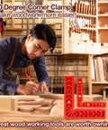 Hella Sturdy 90 Degree Corner Clamp Set 12 Piece Woodworking Kit on workbench with framing square for cabinet assembly.