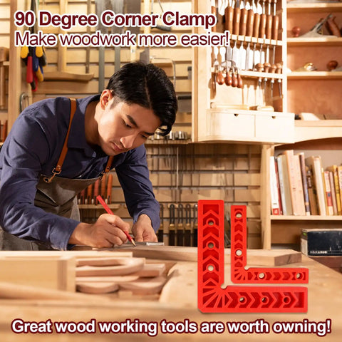 Hella Sturdy 90 Degree Corner Clamp Set 12 Piece Woodworking Kit on workbench with framing square for cabinet assembly.
