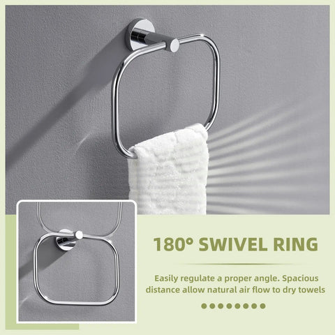 Slick Premium Chrome Square Hand Towel Ring For Bathroom Sink Wall Mounted Heavy Duty Rust Resistant with white towel