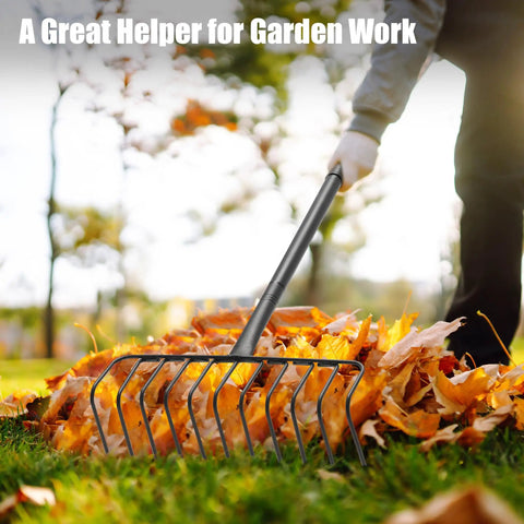 Heavy Duty Garden Rake With 11 Stainless Steel Tines And 68 Inch Handle For Leaves Thatch Debris Clean Up in use on autumn leaves